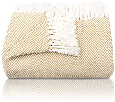 Gräfenstayn Premium Tagesdecke mit Fransen - 100% Baumwolle - 150 x 200 cm - Fischgrätenmuster Sommerdecke - Baumwolldecke als Bett-Überwurf, Couch-Überwurf, Sofa-Decke (Beige)
