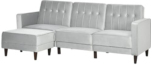HOMCOM Sofá Cama con Chaise Longue Sofá para Salón de 3 Plazas Convertible con Respaldo Regulable en 3 Niveles Reposapiés y Reposabrazos 218x85x86 cm Gris Claro