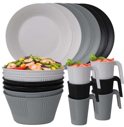 Unbreakable Dinnerware Sets for 6 Peple, Plastic Plates and Bowls Set Reusable Tableware Set, Microwave Dishwasher Safe, Camping Picnic Home Party Dinner Set 6pcs Plates,6pcs Bowls,6pcs Cups