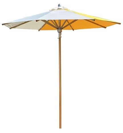 270cm Holz Runder Marktschirm mit Seilrollenlift, 8 Bambusrippen, 2 Höhenverstellbar, Edelstahlbeschläge, Push Open, Outdoor-Terrassenschirm für Garten, Pool, Hinterhof (Size : Yellow white matching