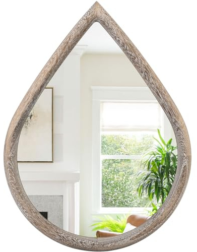 FEUFOAM Rustikaler Bauernhaus-Wandspiegel, massiver Holzrahmen, tropfenförmiger Spiegel, dekorativer Spiegel für Badezimmer, Eingangsbereich, Wohnzimmer, Heimdekoration, 65 x 45 cm
