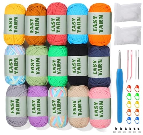 15 X 50g Häkelwolle Baumwolle Häkelgarn Dicke Wolle zum Häkeln, Easy Crochet Yarn Cotton Häkelgarn Chenille Wolle zum Häkeln Dicke Wolle gut Sichtbare Maschen, Wolle zum Häkeln mit Häkelnadel 4mm