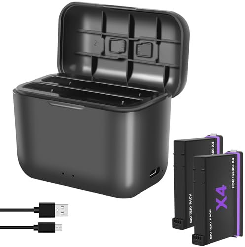 VOLOHAS Chargeur de Batterie Double + 2 Batteries pour Insta360 X4 - Sac de Rangement de Batterie avec câble USB de Type C - Prend en Charge Le protocole de Charge Rapide PD3.0/PD2.0