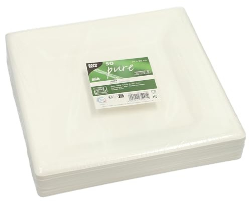 PAPSTAR Lot de 50 assiettes carrées en canne à sucre « Pure » - 26 x 26 cm - Blanches
