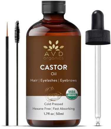 AVD Organics Castor Oil 50ml | USDA Certified Organic | 100% Pure & Hexane Free | Cold Pressed Castor Oil for Eyelashes, Eyebrows & Hair Growth | With Eyebrow & Eyelash Brush – 1.7 fl oz