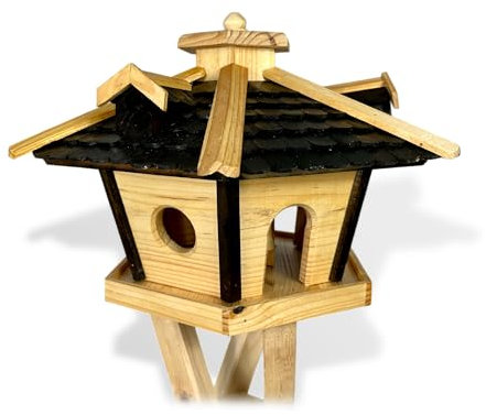 GARTENETAGE Großes Sechseckiges Vogelhaus aus Holz - Wetterbeständiges Vogelfutterhaus 51x33x46 cm - Mit Holzschindeldach, Futterbehälter und Zierleisten - Ideal für Garten und Terrasse (mit Ständer)