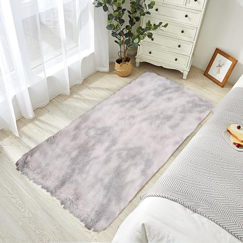 STGAO Hochflor Teppich 50 x 90 cm Anti-Rutsch Unterseite Moderne Teppiche Felloptik für Wohnzimmer Schlafzimmer Kinderzimmer Küche, Hellgrau