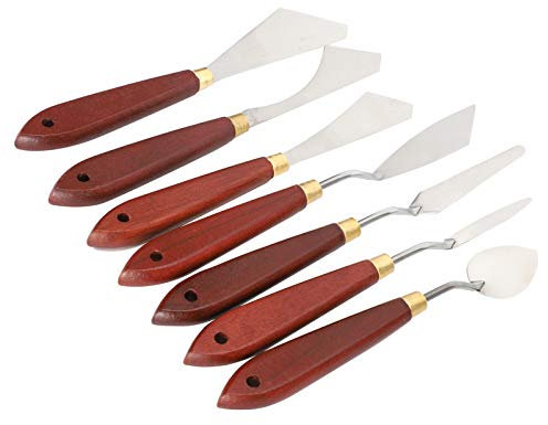 Artists Palette Knife Set Stainless Steel Mixing Scraper 7 Pcs for Oil Painting Acrylic Mix Red Brown Handle for Art Students