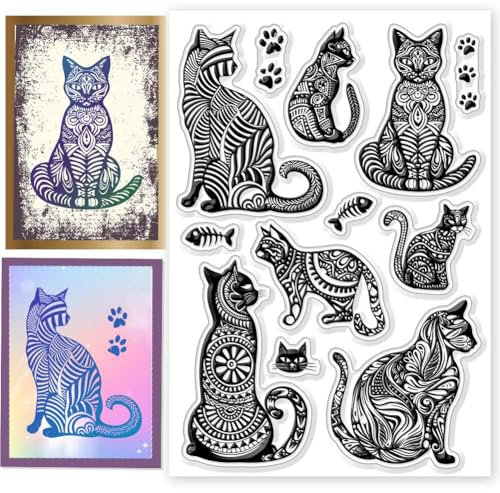 CHGCRAFT Katze-Mandala Transparente Briefmarke aus Silikon-Briefmarke von Katze Spitze von Fisch Knochen Transparente Briefmarke Siegel aus Silikon Briefmarke Karten Dekoration Clipbook