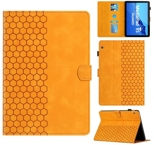 Rosbtib Coque pour Huawei MediaPad T5 10.1 2018 Modèle AGS2-W09/W19/L09 boîtier avec Support avec Fente pour Carte, Motif Hexagonal structuré Housse en Similicuir pour Huawei MediaPad T5, Orange
