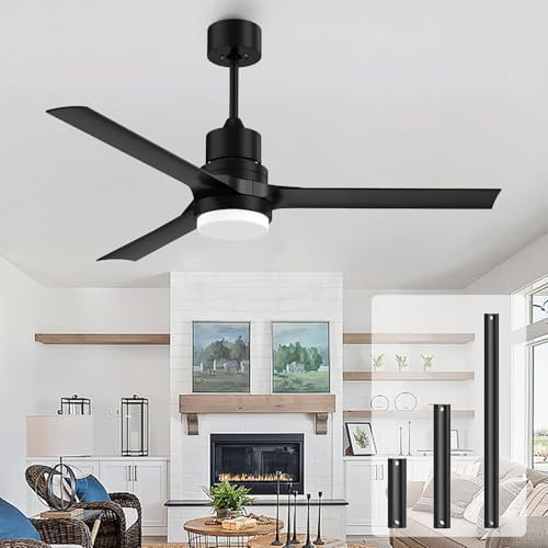 132 cm Deckenventilator mit Beleuchtung, 3-farbige Lichtregulierung, 6 Geschwindigkeitsstufen, Fernbedienung, für Innen- und Außenbereich, geeignet für Garten, Wohnzimmer, Schlafzimmer - Schwarz