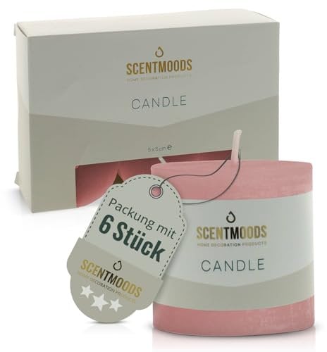 SCENTMOODS Rustik Stumpenkerzen Set - 6 Handgefertigte Koralle Kerzen - 5x5cm Lange Brenndauer - Natürliches Pflanzenwachs Ohne Palmöl - Unparfümiert