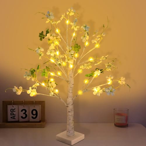 Frühlingsdeko LED Baum Lichter, 60 cm 24 LEDs Lichterbaum mit Timer, Warmweiß Leuchtbaum USB/Batteriebetrieben, Blumen Leuchtbaum mit Verstellbare Äste, für Frühling Deko, Osterdeko (F)