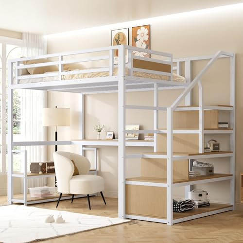 Wyibwy Hochbett Doppelbett 140 x 200 cm aus Metall mit Leiter zur Aufbewahrung, Kinderbett mit Tisch und Regalen, Design des Sicherheitszauns mit verbundenen Metallbrettern, weiß