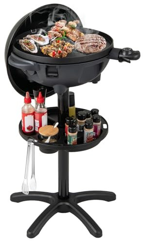GOPLUS Barbecue Électrique sur Pied 2 EN 1, 12000W, Température Réglable 180°C-270°C, 2 Zones Plaque Antiadhésive, Étagère à Condiments, Bac à Graisse pour Intérieur & Extérieur