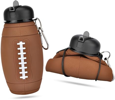SYTTNUM Borraccia Silicone Calcio, Bottiglia Ripiegabile per Rugby con Moschettone, A Prova di Perdite, Senza Bpa, Contenitore Idrico Rugby per Scuola, Divertente，Movimento
