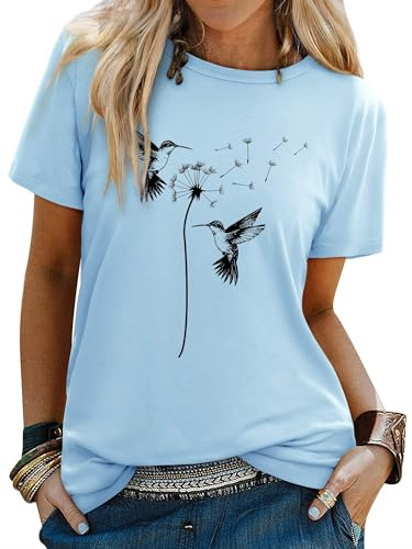 WIEIYM Damen Kurzarm T-Shirt mit Rundhals Sommer Löwenzahn Gedruckt T Shirt Lässiges Tee Shirt Leicht Frauen Teenager Mädchen Tops,D-Light Blue,XL