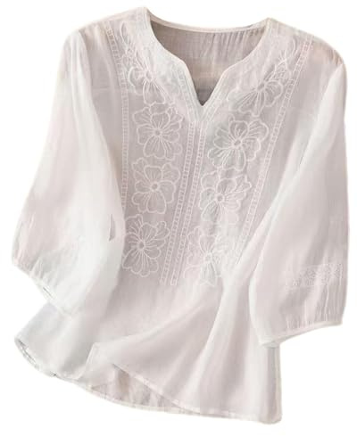 Linen Shirt Women Summer Embroidery Linen Tunic Tops Retro Jacquard Short Sleeve Boho Blouse Casual Loose Fit Flowy Hem Tee Shirt Lightweight Summer Beach Wear Blouse for Vacation Office