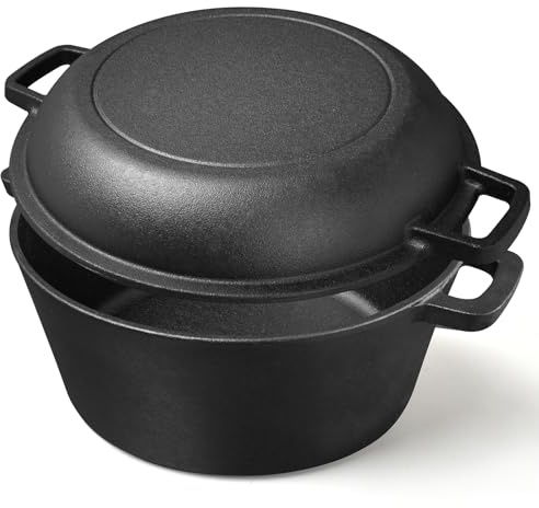 Pentola in ghisa da 4,5 litri, coperchio tutto in uno, ideale per cuocere il pane, stufato e stufato, compatibile con induzione, gas, campeggio, fuoco, barbecue e barbecue, 26 cm (nero lucido)