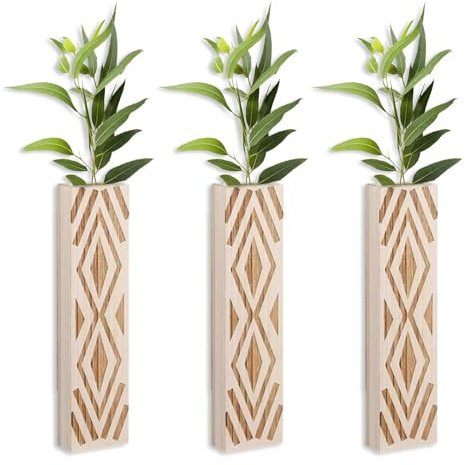 Tissting 3 Pcs Holz Wandvase Wand Pflanzgefäß Wandbehang Blumenvase | Container für Zimmerpflanzen, Bauernhaus Wandbehang Dekoration für Trockenblumen Und Künstliches Hellbraun