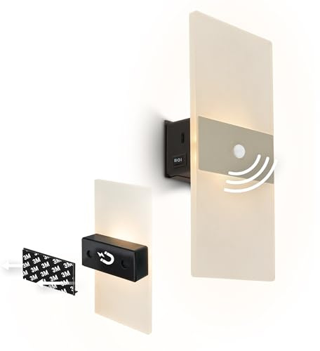 BRILONER Sticklights - LED Wandleuchte ohne Stromanschluss und ohne Bohren mit Bewegungsmelder, Akku, magnetisch abnehmbar, Wandlampe zum Kleben, Leselampe, Flurlampe, 22x4x10 cm, Nickel-matt