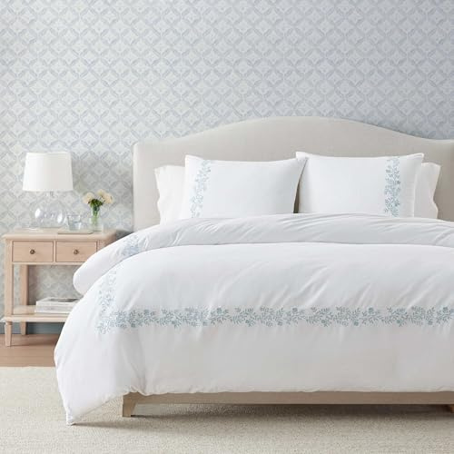 Martha Stewart - Queen Duvet Cover Set, 100% Soft Cotton Bed Set with a Smooth Cotton Percale Reverse, 3 Piece Floral Bedding with Matching Pillowcases (Garden Path Embroidery Blue)
