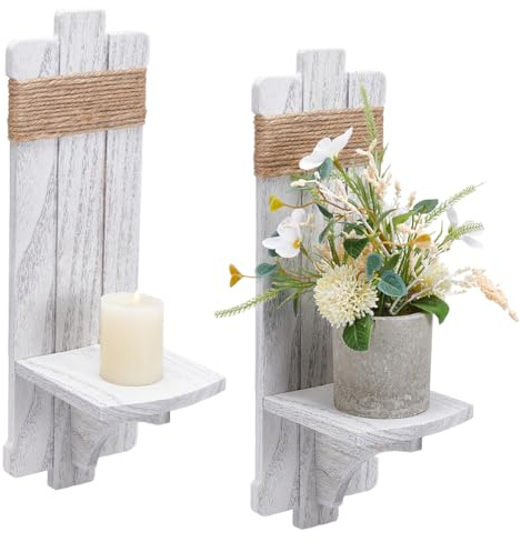 UNICRAFTALE 2er Set Weiße Landhaus Wanddekor Kerzenhalter Vintage Rustikal Handgefertigte Holz Wandmontage Kerzenständer Set Für Zuhause Wandkunstdekoration 40x13x13cm