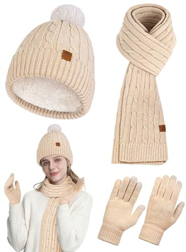 Horolam Damen Mütze, Schal & Handschuh-Sets, Beanie Mütze Winter mit Bommel Fleece Gefütterte, Touchscreen Handschuhe Schal Wärmer Cap 3 in 1 Set