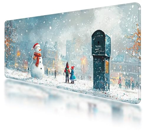 Gaming Mauspad 900 x 400 mm, Mauspad Weihnachten Vernähte Kanten, Mousepad Wasserdicht rutschfeste, Schreibtischunterlage Schneemann für Büro Zubehör, Verbessert Präzision und Geschwindigkeit, -875