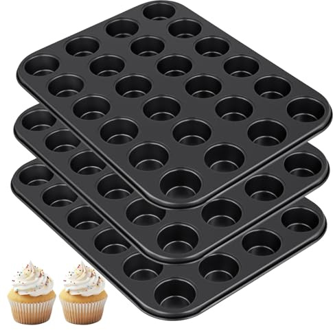 CHEUNGR 3 Pack Mini Muffin Tray, 24 Cup Non-Stick Cupcake Tin, Carbon Steel Muffin Pan for Cupcakes, Black