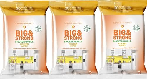Big & Strong Kitchen Cleaning Wipes, 3 x 20, Citrus Scent | Biodegradable plastic-free wipes for kitchen grease, burnt-on food, hobs, sinks and tiles