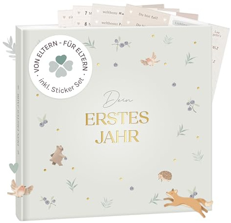 mintkind® Mein erstes Jahr Babyalbum Pattern Salbei + Sticker-Set | Sanftes Babytagebuch mit 176 Seiten für wertvolle Erinnerungen im ersten Lebensjahr – liebevoll gestaltetes Hardcover