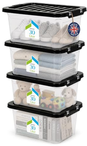 WINSOME 30L Plastic Storage Boxes with Lids Pack of 4 | Clear Stackable Storage Containers for Clothes, Bedding, Toys, Shoes, Tools & Household Items | Secure Clip-Lock Storage Boxes | Made in UK