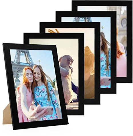 PHOTOLINI Cadre photo 18 x 24 cm bois MDF noir, cadre large bord, lot de 5 cadres photo, verre acrylique incassable, décoration murale à suspendre & à poser, accessoires supplémentaires