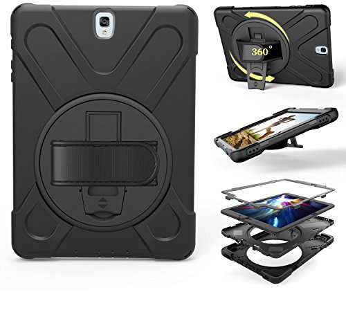 ZiHang Coque de Protection pour Galaxy Tab S3 9.7, Heavy Duty Full-Body Rugged PC Coque en Silicone Portable Support intégré/Sangle pour Samsung Galaxy Tab S3 9.7 T820 T825 (Noir)