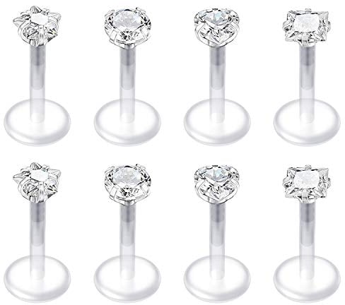 Mayhoop 8 Stk Lippenpiercing Labret Monroe Piercing Stecker Set Bioflex Flexibler Tragus Helix Ohrpiercing Herz, Stern, Rund und Quadratisch CZ