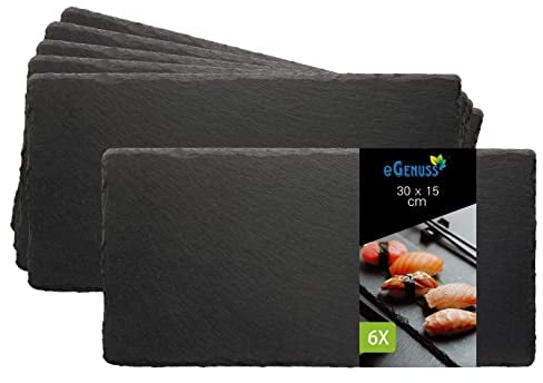 eGenuss 6er-Set Schieferplatte Servierbrett Tapas Sushi Teller Schwarz Schieferplatte Servierplatte aus Schiefer Käseplatte – Tablett Serviertablett mit rutschfesten Pads – 30x15 cm