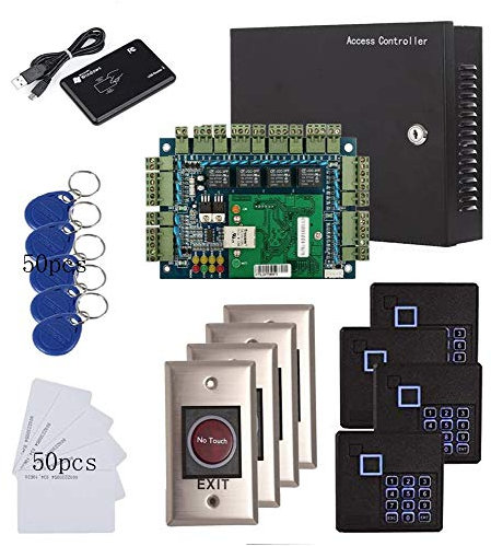 MENGQI-CONTROL Sicherheitskontrollsystem mit 4 Türen, RFID-Kartenleser + Infrarot-Ausgangstaste + 110 V-240 V Metall-Strombox + USB-Registrierungsleser + TCP/IP-basierte Telefon-App aus der Ferne