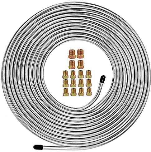 MuHize - Kit tubo freno da 25 piedi da 1/4 - Rotolo di tubo in acciaio zincato flessibile da 25 piedi 1/4 pollici, antiruggine, protezione contro la corrosione (include 16 pezzi)