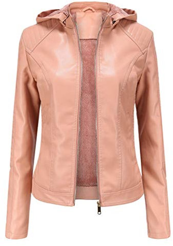 LucaSng Donna Giacca Pelle Casual Cappuccio Capispalla, Donna Giacche Ecopelle Manica Lunga Motociclista Giubbotto Finta Pelle Vintage Cappotti con Cappuccio Tasca (Rosa, L)