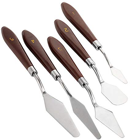 Zasiene Couteau à Palette 5 Pièces Spatule Peinture Manche en Bois Couteau Peinture Peinture Mixage Grattoir Couteaux à Palette pour Les Outils de Peinture de Couleur Artistique