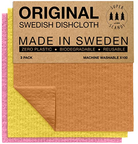 SUPERSCANDI Putzlappen im 3er Pack - 100% Biologisch Abbaubar & Kompostierbar | Wiederverwendbare & Lebensmittelsichere Spültücher | Für Jede Oberfläche Geeignete Spüllappen | Orange, Gelb & Pink