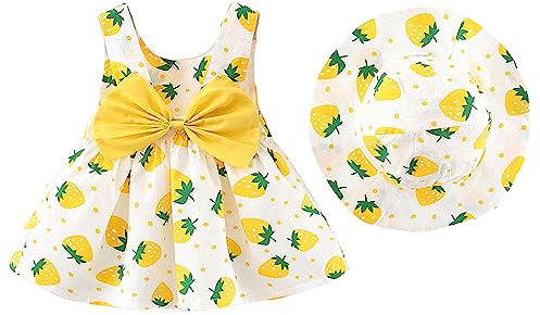 MAMIMAKA Robe de princesse sans manches pour bébé fille - Motif floral - 3 à 3 ans, Chapeau de paille jaune, 1 an