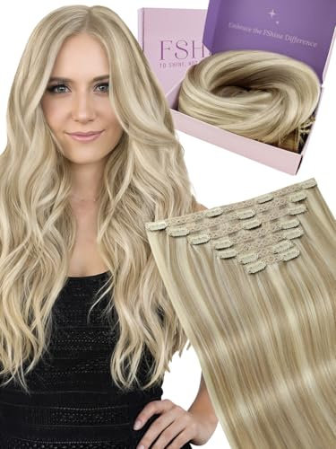 Fshine Clip in Extensions Echthaar 50 cm, 7 Stücke 120 g, Aschblond mit goldblonden Strähnen, mehr Volumen, Echthaar Extensions Clip, Farbe 16P22