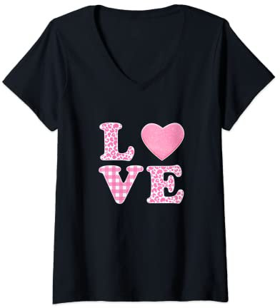 Femme Plaid léopard rose Saint-Valentin T-Shirt avec Col en V