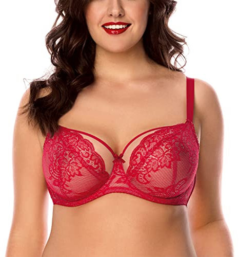 VIVISENCE Damen Spitzen BH Mit Bügel Große Größen Zuverlässigen Halt Im Alltag 1044, Rot,95E