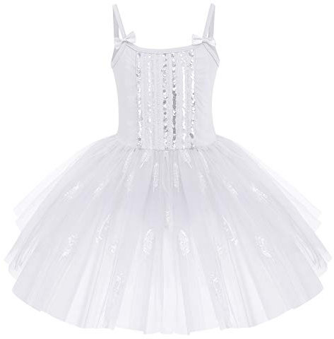 IWEMEK Kids Girls Ballet Dance Dress Sleeveless Sequins Feather Gymnastics Leotard Tutu Skirt Ballerina Costume Spaghetti Stap Cami One Piece Figure Skating Dance Children Dancewear White 9-10 Years