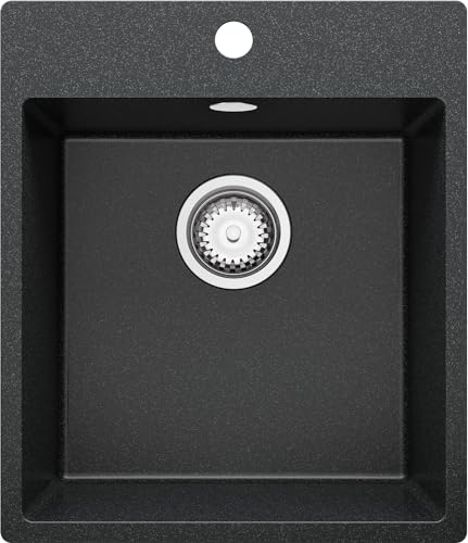 PRIMAGRAN Lavello da Cucina Grafite 43x50cm, Lavandino in Granito a 1 vasca + Sifone Classico, Lavabo Incasso al mobile 45cm - Riga S072