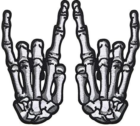 eMagTech 2 Stück Skelett-Finger-Patches Punk Rock and Roll Skull Finger Patch Cool Sew Iron on Patches Bestickter Patch Applikation für Kleidung Dekoratives Zubehör