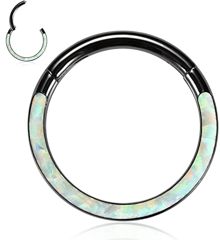 16G Septum Schmuck Weißer Opal Septum Clicker Ring Daith Ohrringe 316L Chirurgenstahl Higned Segment Nahtloser Nasenring Ring Schwarze Knorpelohrringe Helix Tragus Rook Piercing Schmuck 8mm